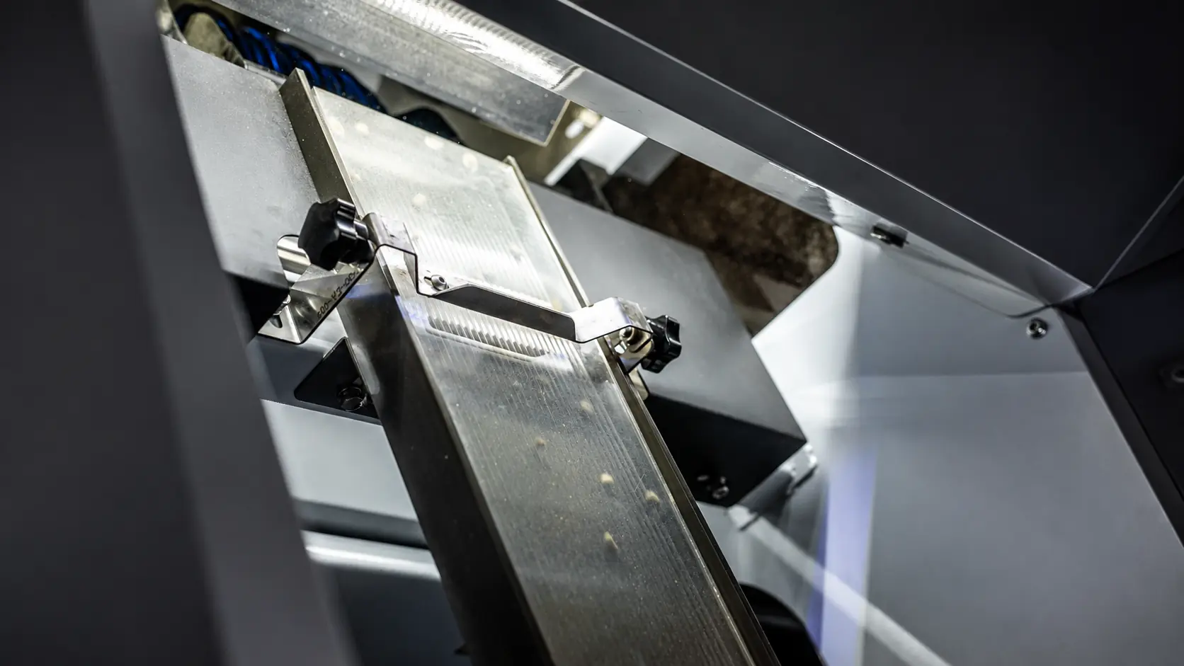 Optical color sorting machine scanning coffee beans at high speed
